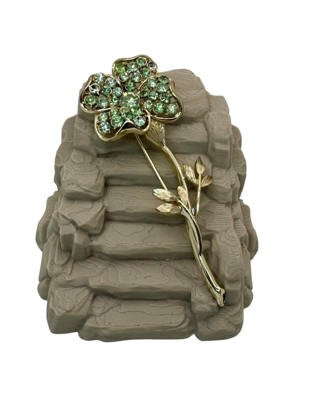 Coro Uranium Green Flower Rhinestone Clover Brooch Signed Coro Pin 4” Glows READ